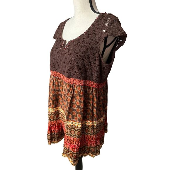 Boho Crochet Top NY Collection Babydoll Brown Retro Orange Yellow Pattern Large - Picture 4 of 6